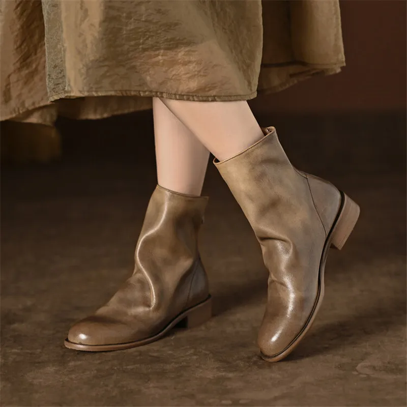 2023 Autumn Winter Soft Retro Ankle Boots Round Toe Low Heel Western Boot Shoes for Women