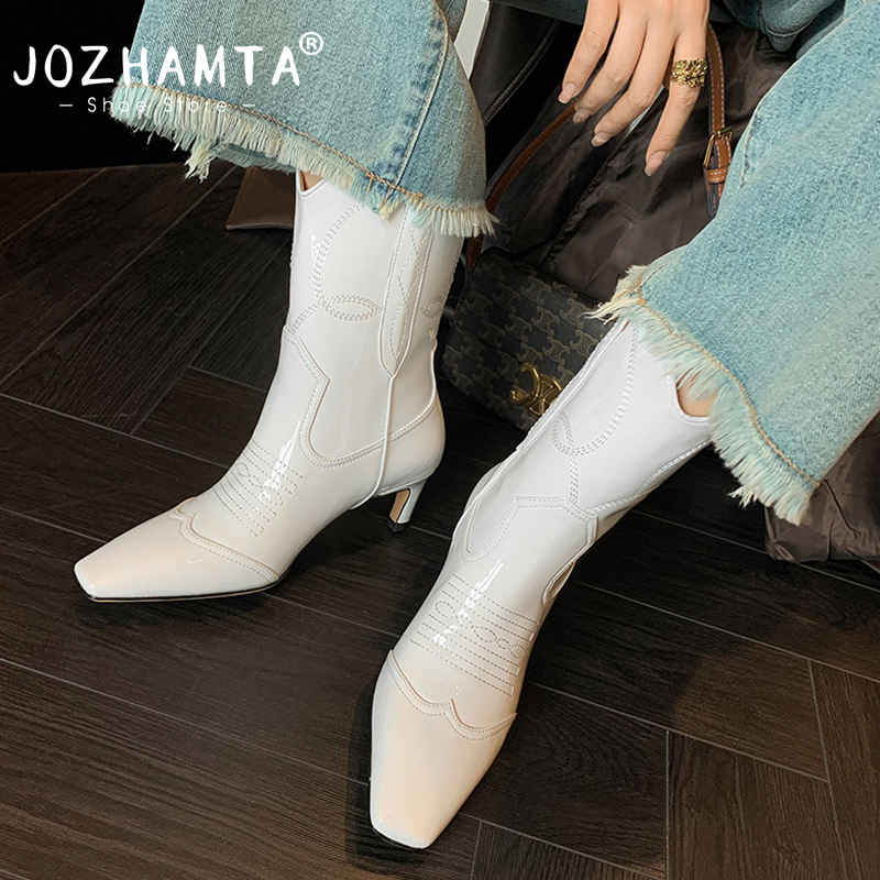 New JOZHAMTA Size 34-40 Western For Women Genuine Leather Kitten Heel Winter Shoes Woman Suede Cowboy Boot Cowgirl Ankle Boots