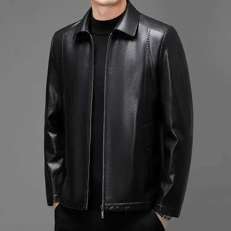 Autumn Mens New Lapel Lychee Patterned Short Slim Fitting Leather Jacket Motorcycle JacketX240913