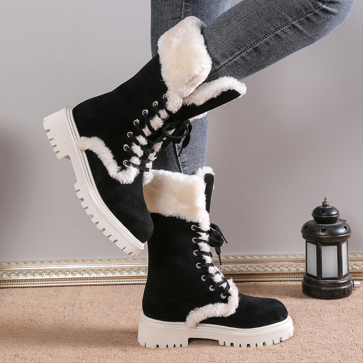 Boots for Women Thicken Plush Snow Winter Faux Fur Flock Platform Ankle Mid-calf Lace-up Snow Thickened Cotton Platform Shoes