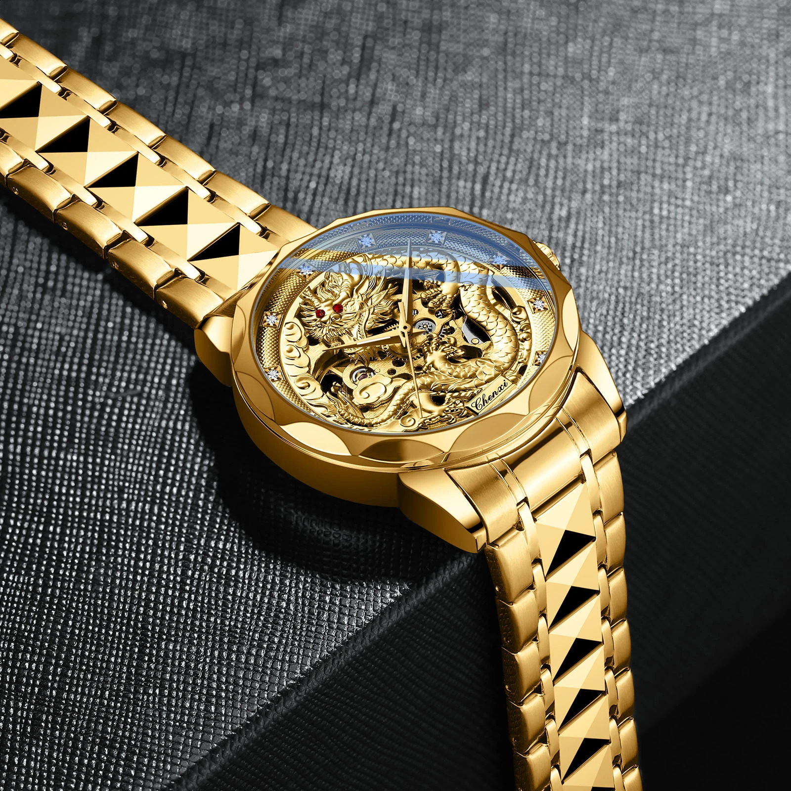 CHENXI 8899 Chinese nation Culture and Art 3D embossed dragon pattern gold automatic mechanical stainless steel watch for men 240906