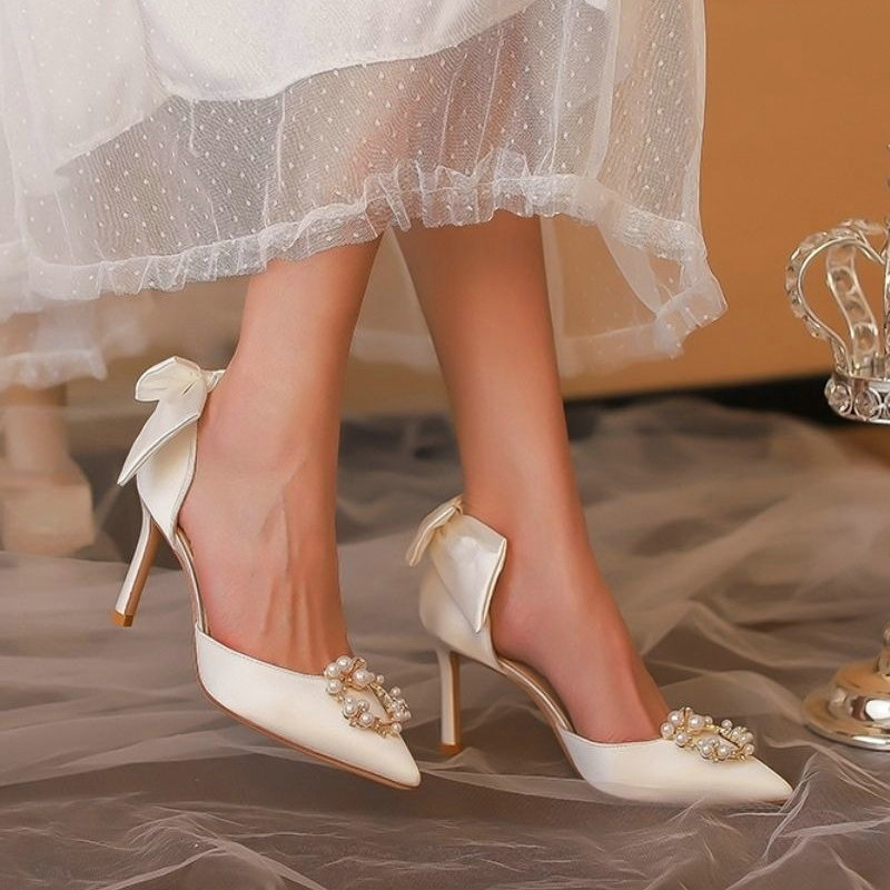Bow 2024 Bridal Satin White Pearl Main Dress Heels Wedding Wear Hollow Shoes French fe75