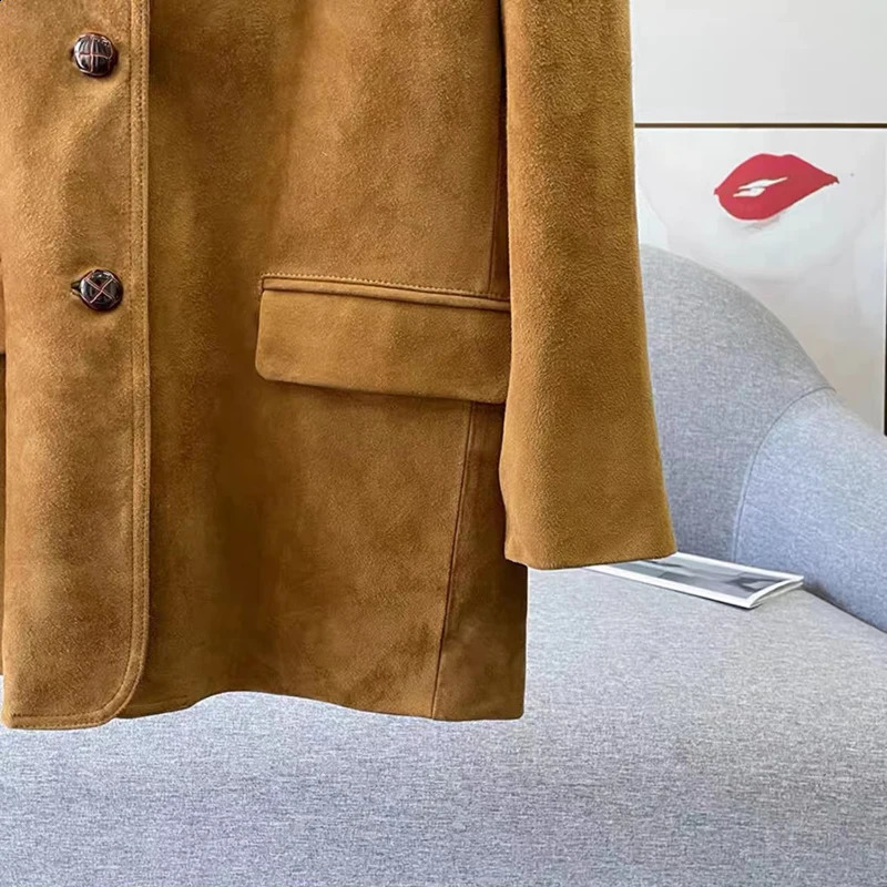 Retro Panther Caramel Suede Womens Jacket Loose Set High end Leather Medium length 240906