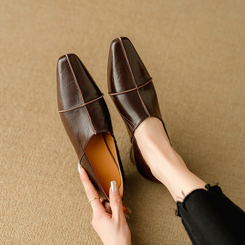Spring NEW Loafers Genuine Leather for Square Toe Low Heel Women Pumps Slip-on Soft Black Comfort Shoes 472a Comt