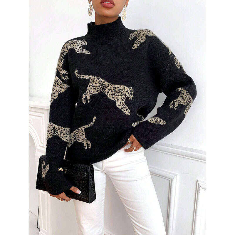 Autumn and winter deer plush semi high neck women's new style temperament jacquard contrasting color knitted sweater top