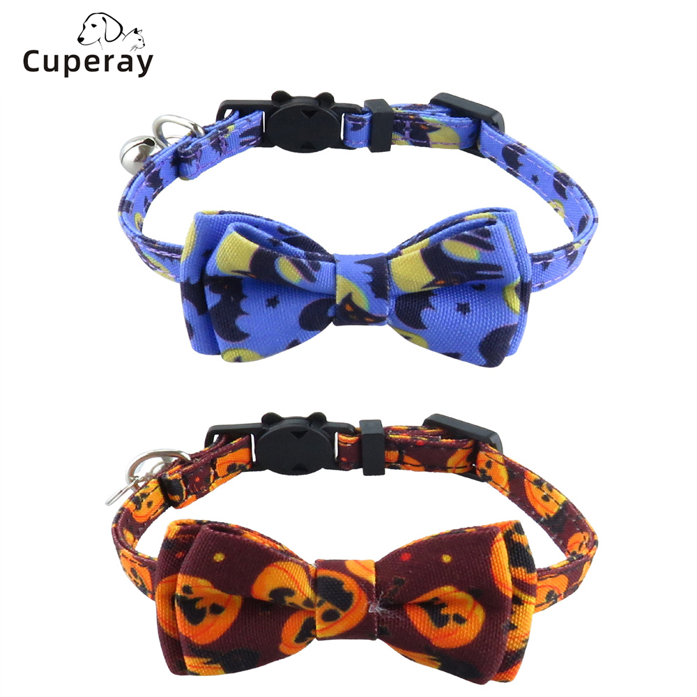 Pet Collars Halloween Pumpkin Bat Webbing Cat Collar Bow Adjustable Cat Collars with Bell for Kitten and Puppy Pet Accessories