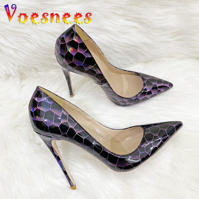 New Colorful Stone Pattern High Heels Pumps Fashion Pointed 12CM Single Shoes Comfortable Soft Leather Holographic Women's Shoe