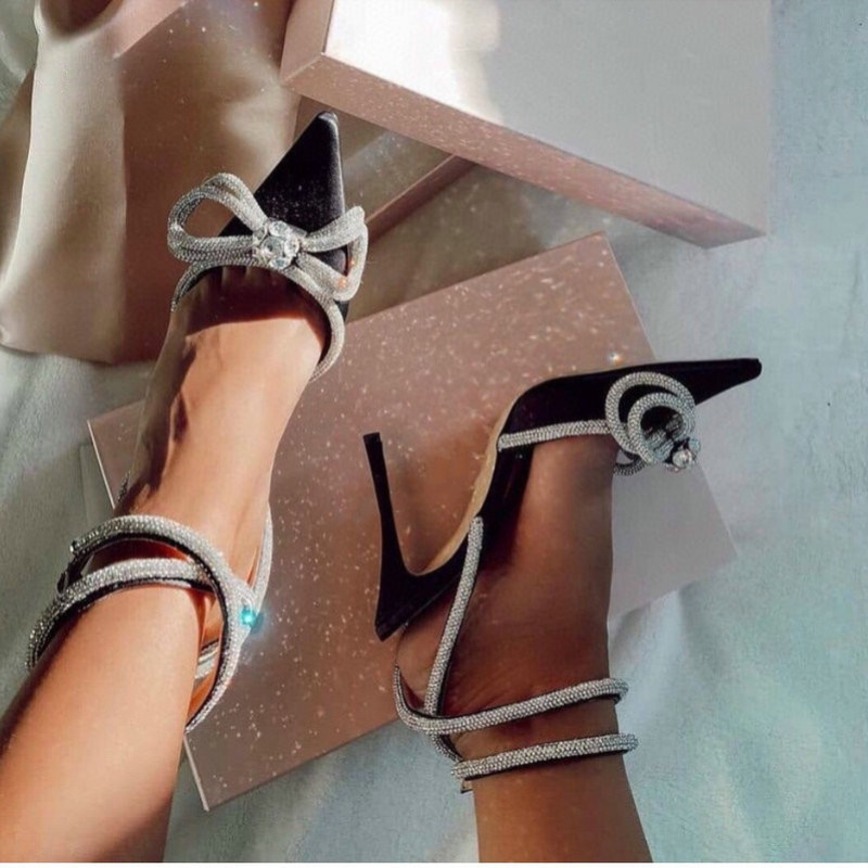 New 2024 Style Rhie Stiletto Sandals Female Crystal Word Fairy Bow Knot With Dia Banquet High Heels 4ed4