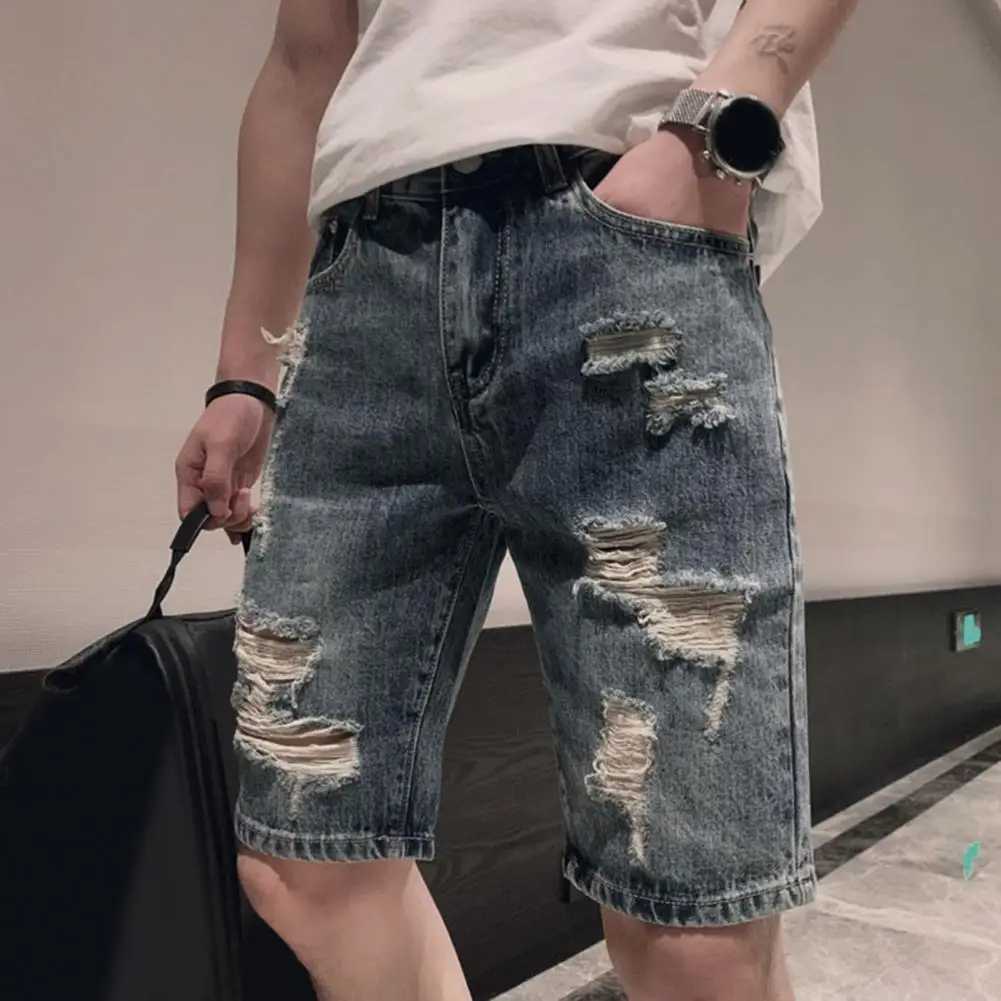 Men Denim Shorts Mid-waist Denim Shorts Mens Streetwear Denim Shorts Mid-rise Ripped Holes Straight Leg Knee LengthX240914
