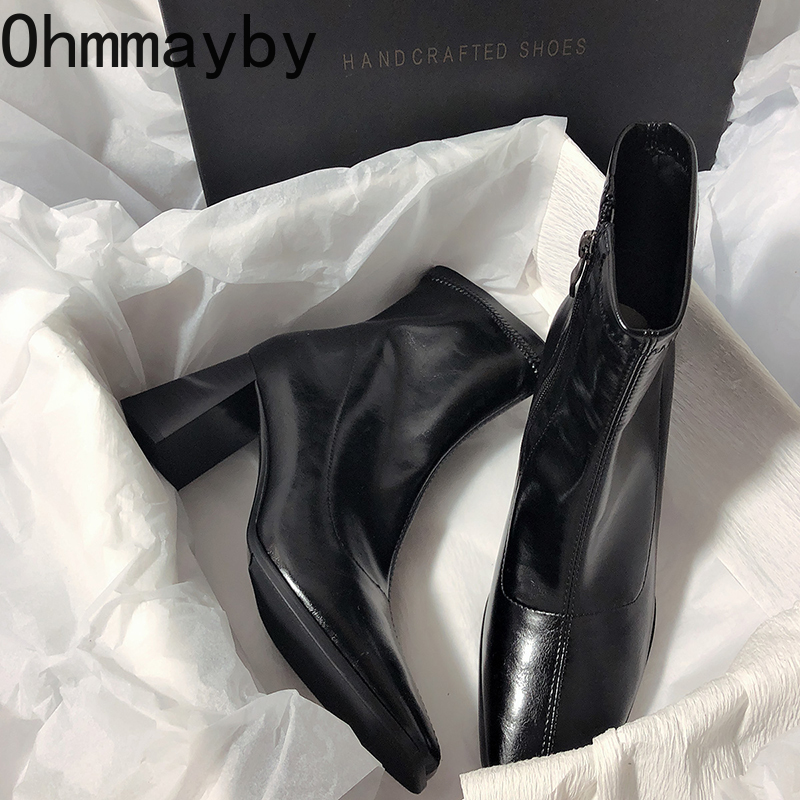Thick Vintage Heel Women Slim Ankle Boots Fashion Square Toe Shoes Autumn Winter Ladies Elegant Short Booties 1620