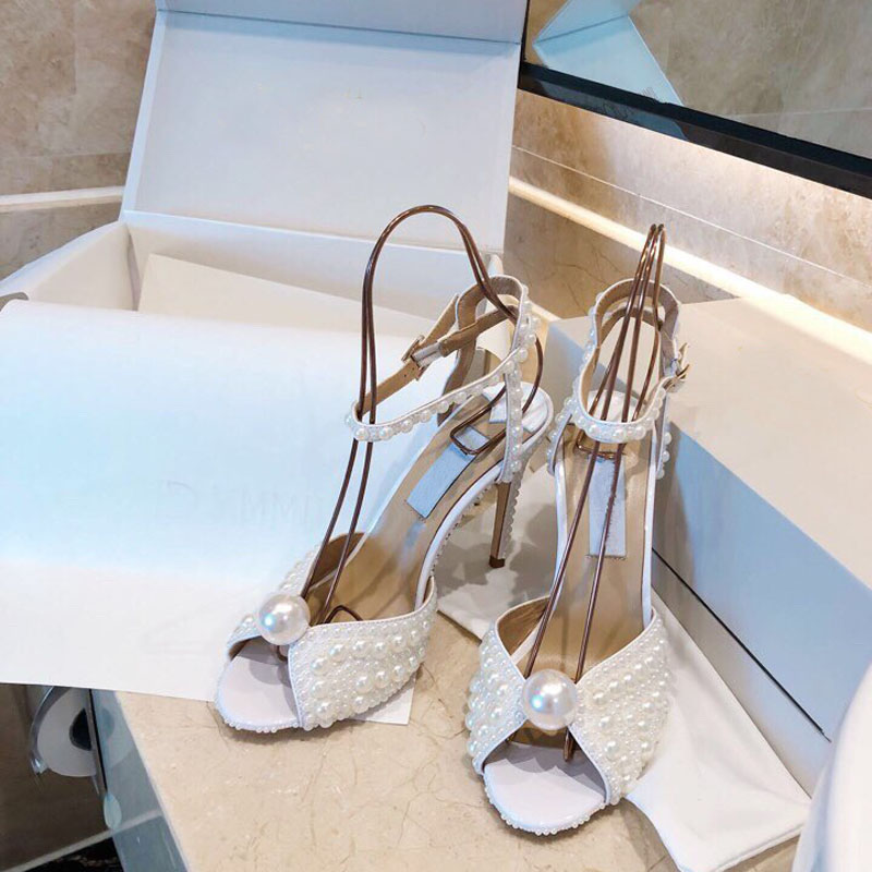 Luxury Summer Brand White Pearl Sandals Bridal Wedding Shoes Women Thin Stilettos Peep Toe Evening Party High Heels Top Quality