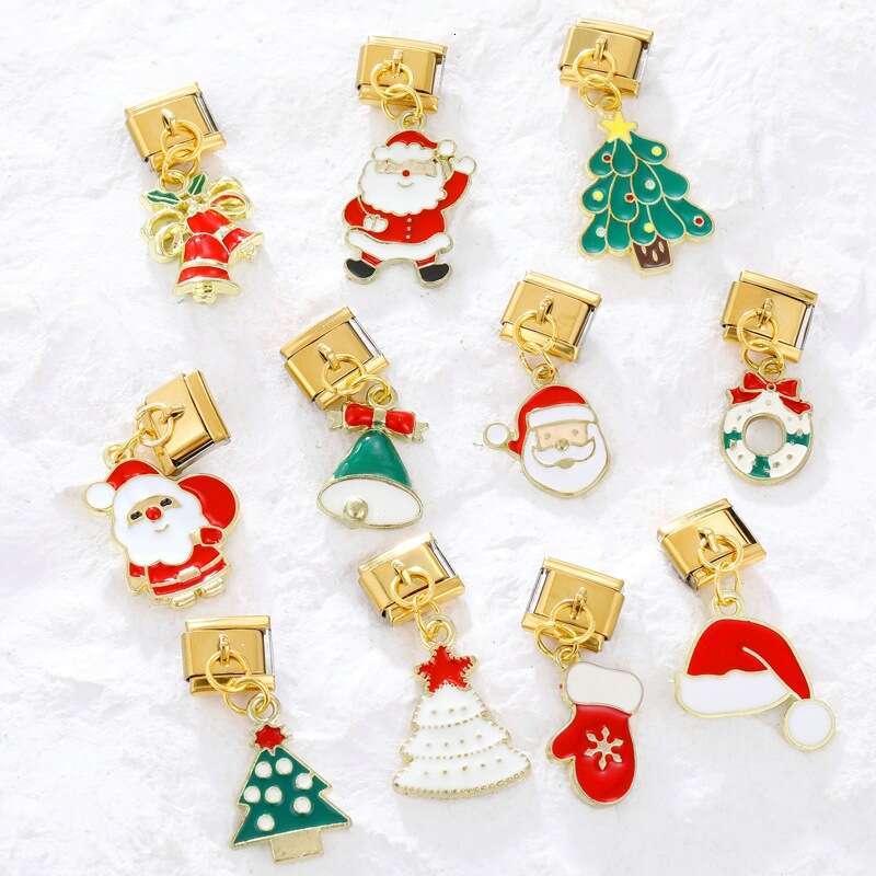 New Christmas Tree Snowman Deer Santa Claus Pendant Italian Charms Links Bangle Beads Fit 9mm Stainless Steel Bracelet Making DIY For Women Gift Fashi
