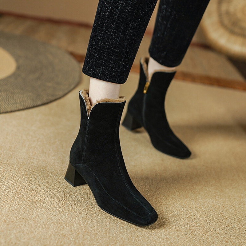 Winter NEW Sheep Suede Leather for Women Square Toe Chunky Heel Shoes Zip Modern Black Wool Warm Boots c8fb