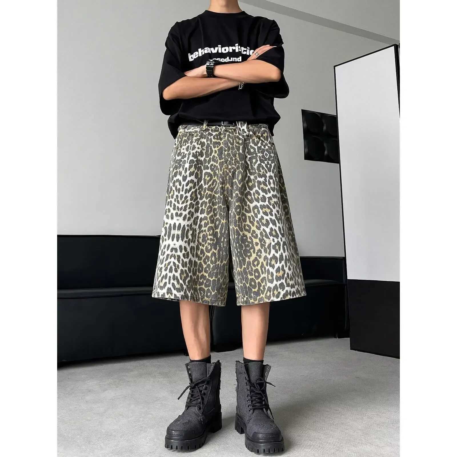 Urban Fashion Jeans Seven Point Shorts Summer Washing Leopard Print Loose Fit Casual Pants Trendy City StyleX240914