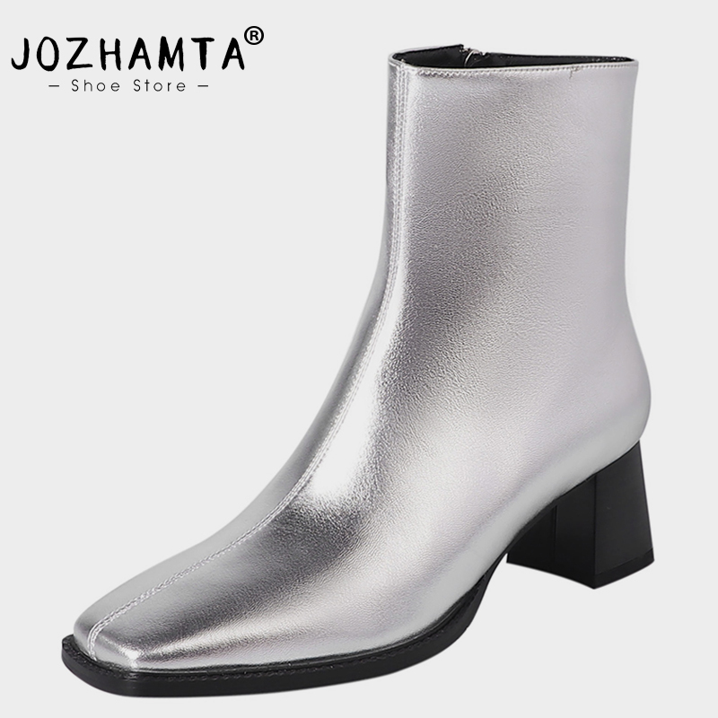 2025 new JOZHAMTA Size 33-40 Women Ankle Real Leather Block High Heels Shoes Fall Winter Booties Casual Motorcycle Boots