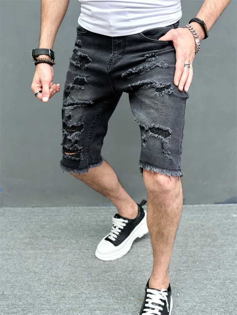 Men Shorts Summer Holes Slim Five-point Pants Street Stylish Casual Male Solid Straight Jeans Beach Denim ShortsX240914
