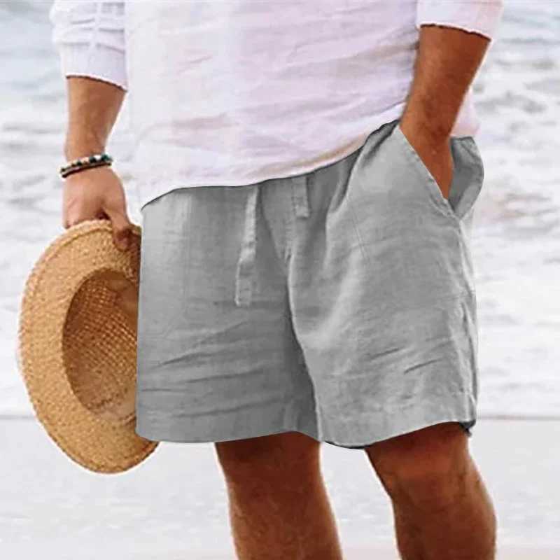 Mens summer cotton and linen shorts with drawstring elastic waist straight legs solid color breathable daily beach capris Y240914