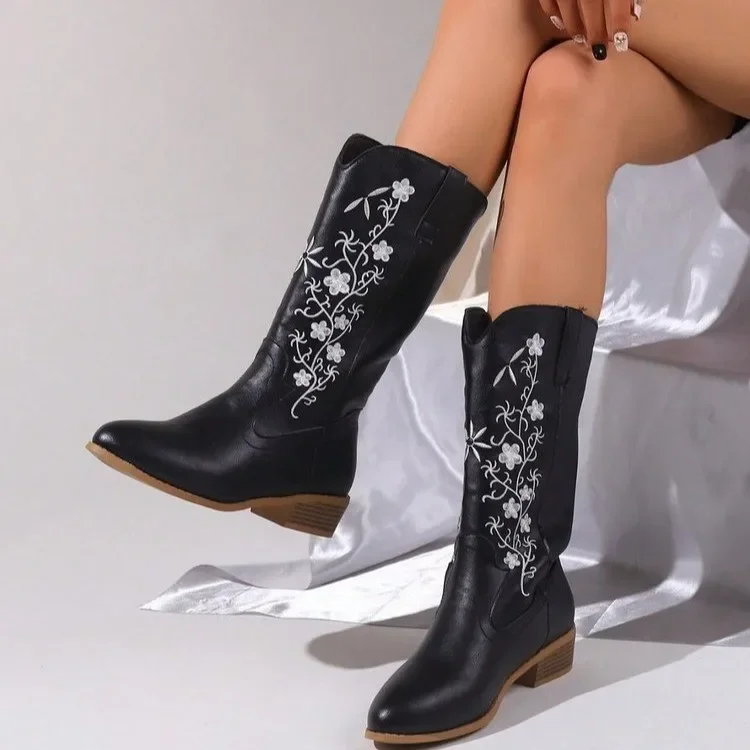 Mid-calf Woman Retro Embroidered Western Cowboy Boots Fashion Pointed Toe Low Heeled Winter Shoes Slip-on Cowgirls Booties c84c