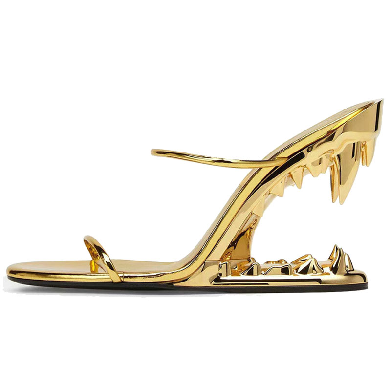 Brand Strange Heel Gold Tooth Wedge Heel Sandals Gold Leather Women's High Heels Summer Dress Banquet Show Designer Women Shoes
