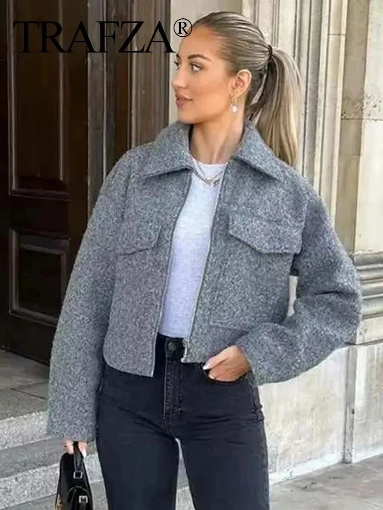 TRAFZA Coat For Women 2024 Solid Long Sleeve Lapel Zipper Cardigan Jacket Female Pocket Wild Casual Street Woman OuterCoat Top 240910