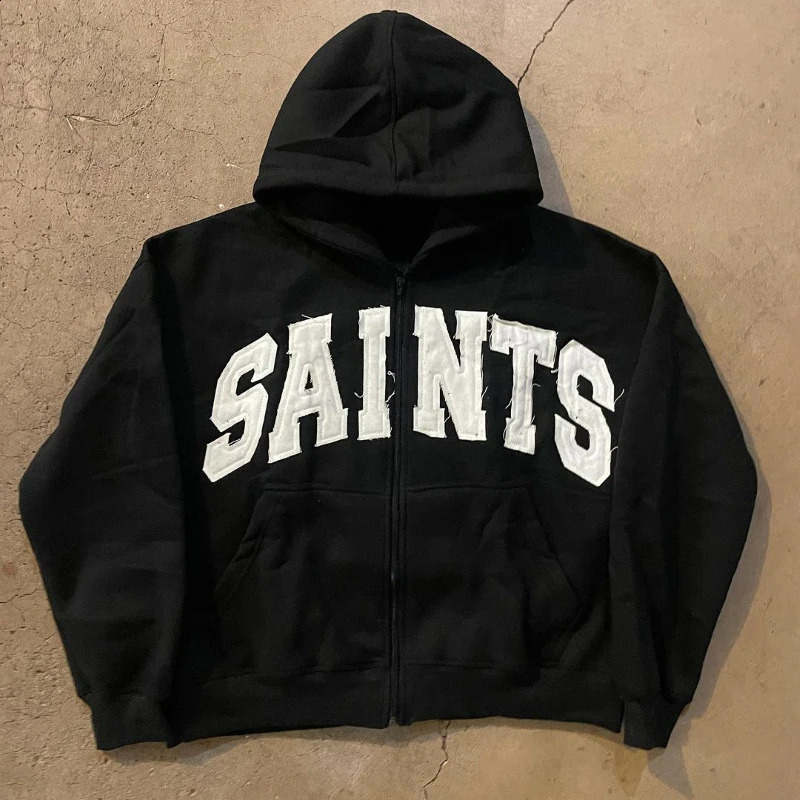 Embroidered hoodie mens fashion hiphop sportswear retro zipper loose casual top 240911