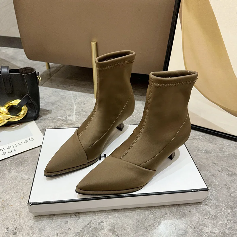 Women Elastic Socks Short Boots Pointed Toe Ladies Elegant Thin Heel Slip On Slim Ankle Boot Chelsea Shoes 2023