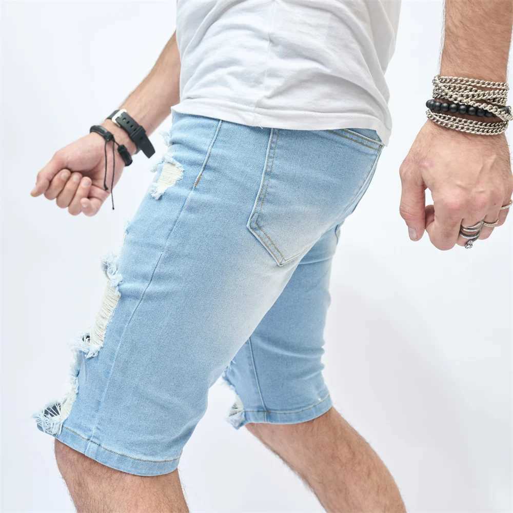 Street Men Beach Denim Shorts Stylish Summer Solid Slim fit Holes Casual Male Five-point PantsX240914