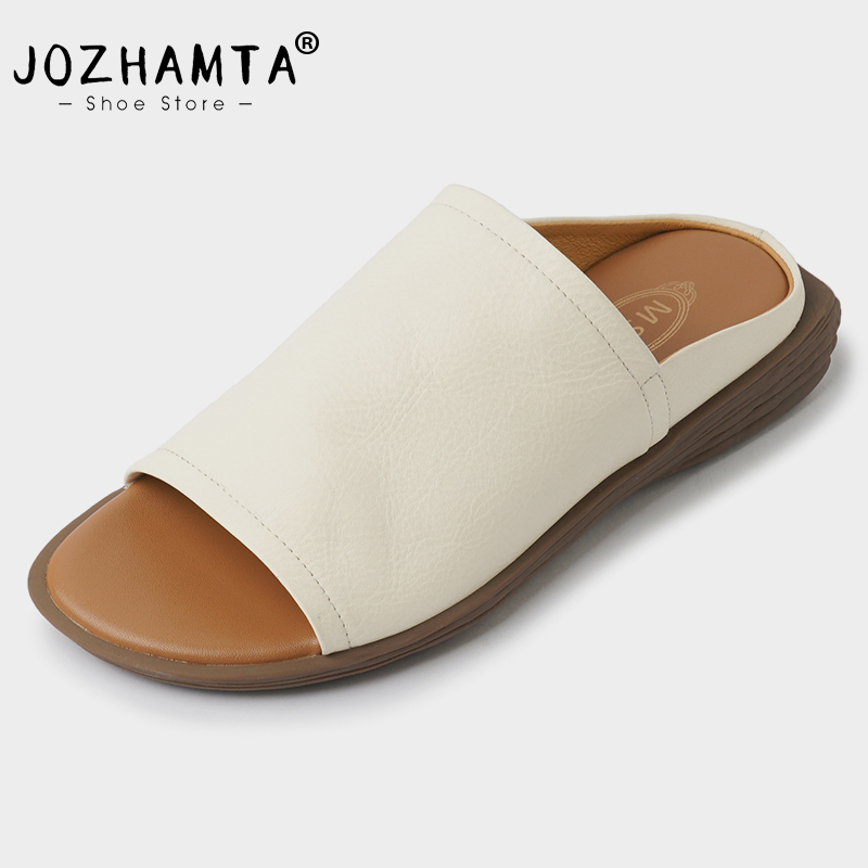 Size JOZHAMTA New 34-39 Mules Sandals Genuine Leather Low Heels Summer Shoes For Women 2023 Slippers Casual Beach Flats Slides d62f