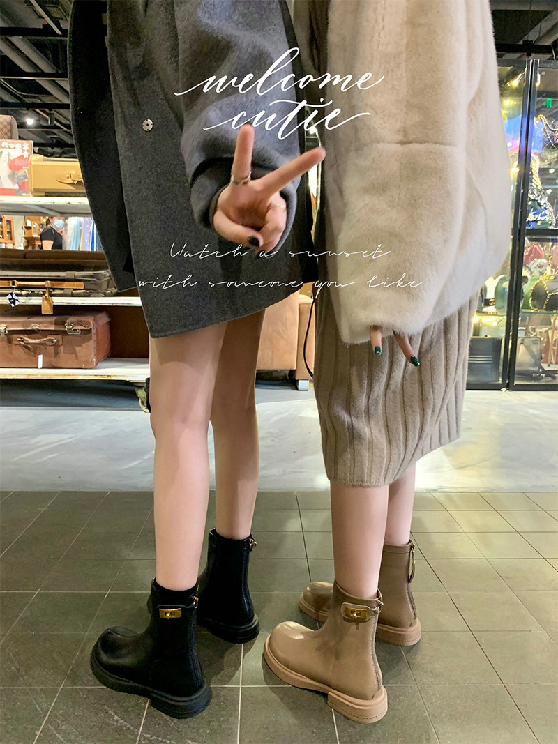 2024 Autumn And Winter New British Wind Round Head Back Zipper Thick Bottom Thick Split Leather Short Boots Women