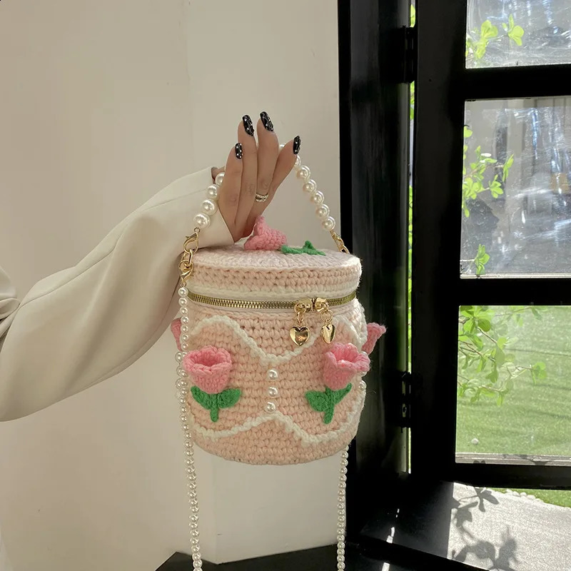 Hand woven flower crochet bag knitted bucket shape casual pearl chain shoulder cross shaped 240913