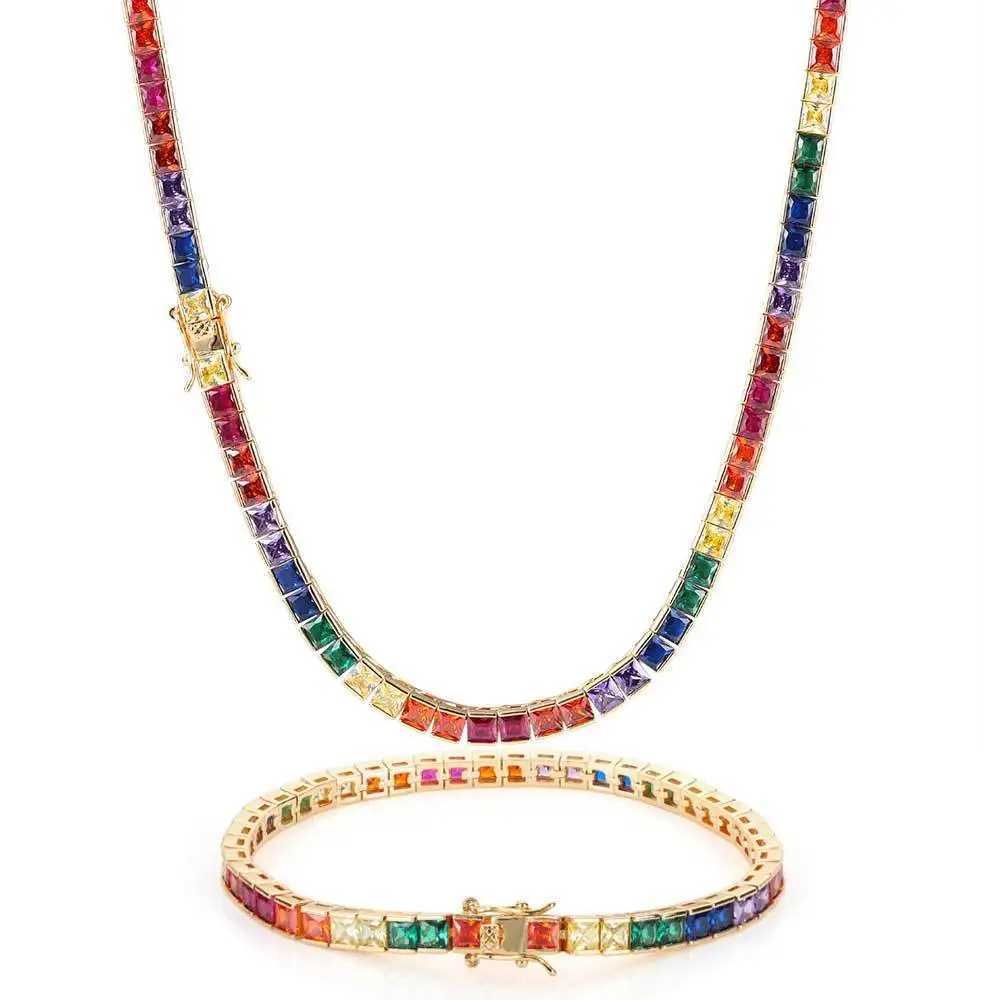 Pendant Necklaces 16-24 inch necklace and 7-9 inch bracelet mens/womens hip-hop jewelry 4mm square rainbow zircon tennis chain J240909