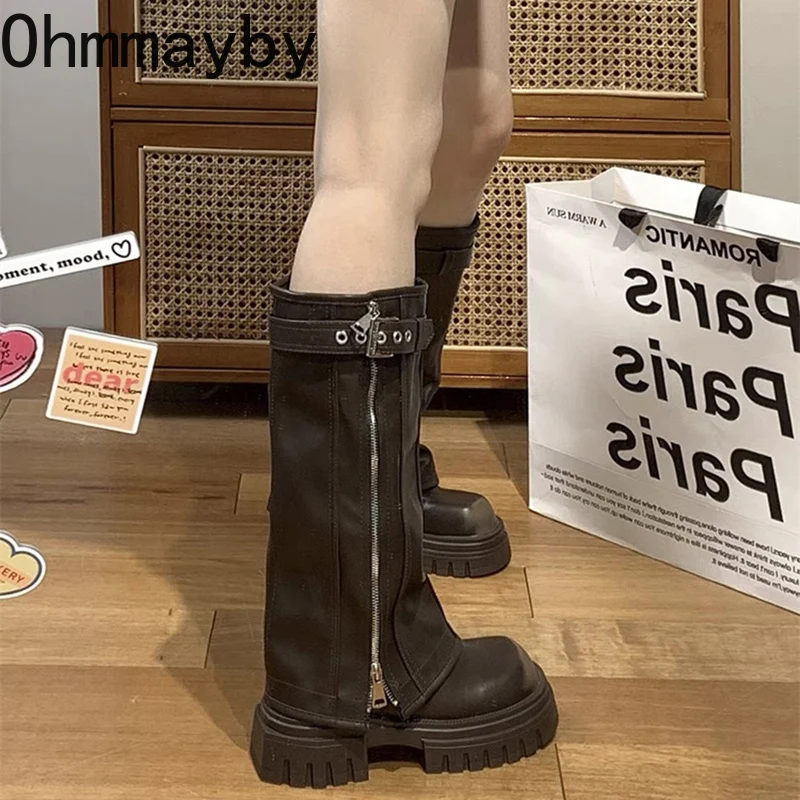 Platform Heel Knee High Boots Women Fashion Ladies Belt Buckle Knight Long Boots Autumn Winter Women's Thick Heel Shoes