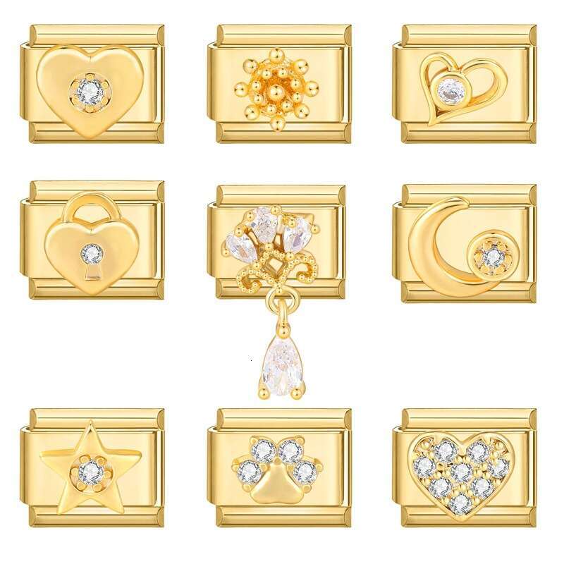 New Women's Gift Gold heart Pet with Cz Pendant Italian Charms Links Bangle Beads Fit 9mm Stainless Steel Bracelet Making DIY For Women Fashion J