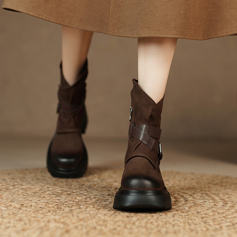 Autumn NEW Genuine Leather Round Toe Platform Belt Buckle Casual Solid Thick Heel Short Boots for Women b61c