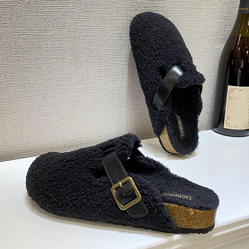 Winter 2023 Warm Ladies Flat With Furry Shoes Fashion Buckle Strap Women Mules Fur Slippers Casual Outdoor Indoor Female Slides 0946