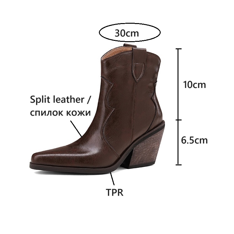 Autumn NEW Split Leather for Women Pointed Toe Chunky Heel Shoes Slip-on Ankle Retro Black Western Boots 669f