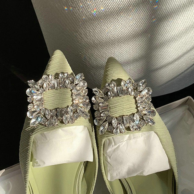 Summer 2024 New Square Crystal New Buckle Rhinester Pointed Head High Heel Women's One-e Belt Baotou Sandals 0829