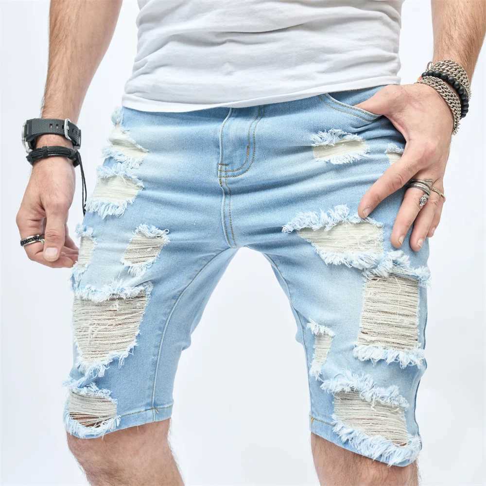 Street Men Beach Denim Shorts Stylish Summer Solid Slim fit Holes Casual Male Five-point PantsX240914