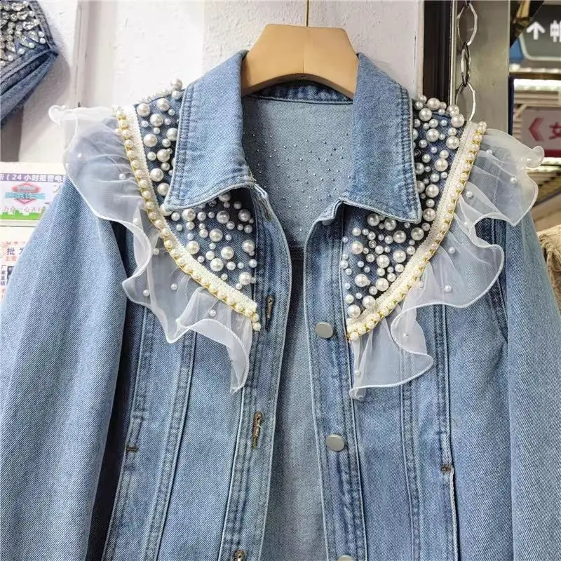 Korean style heavy industrial pearl lace denim jacket top loose long sleeved short sleeved jeans jacket womens spring clothing 240906