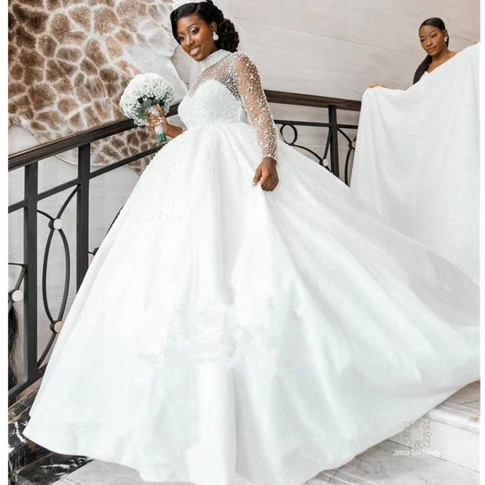 Aso Ebi Luxury African Wedding Dresses 2025 High Neck Beads Sequins Long Sleeves Bridal Gowns Customed Vestidos De Novia Ball Gown