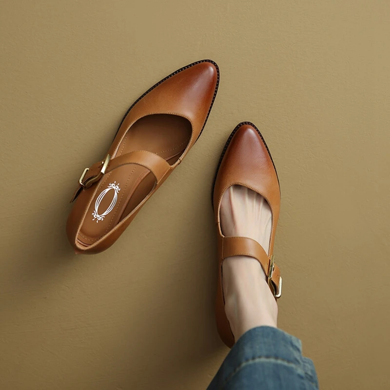 Spring/Fall NEW Pumps Genuine Leather for Women Pointed Toe New Chunky Mid-Heel Mary Janes Retro Belt Buckle Shoes 91c9