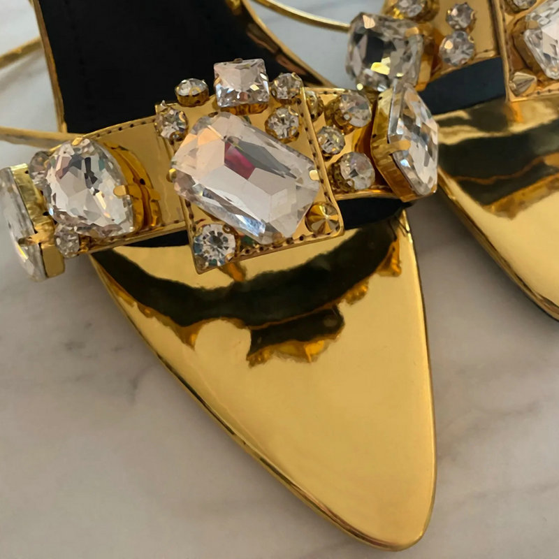 New 11cm Pointy Gold Riveted Rhie High Heels Summer Crystal Sandals European Fashion Large Size Shoes e11d