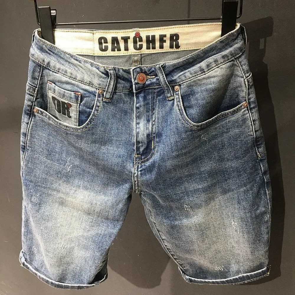 Korean Fashion Luxury Vintage Mens Summer Casual Denim Shorts Solid Trousers for Men Retro Workwear Loose Knee-length ShortsX240914