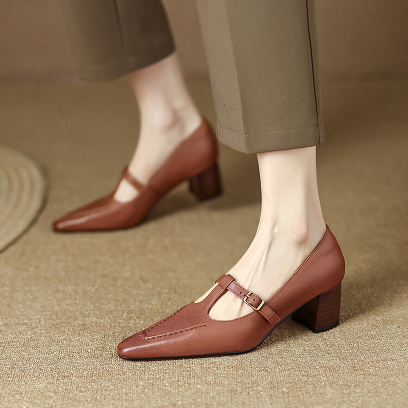 NEW Spring/Summer Women's Pumps Genuine Leather High Heels Pointed Toe Chunky Heel Shoes for Women Solid Mary Janes Party Shoes