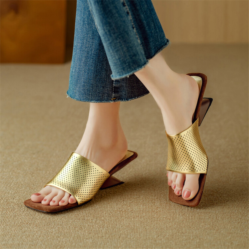 New Split Leather Summer Sandals Square Toe Slippers for Women Fashion Hollow Out Slippers Shoes Concise Silvery Ladies Shoes