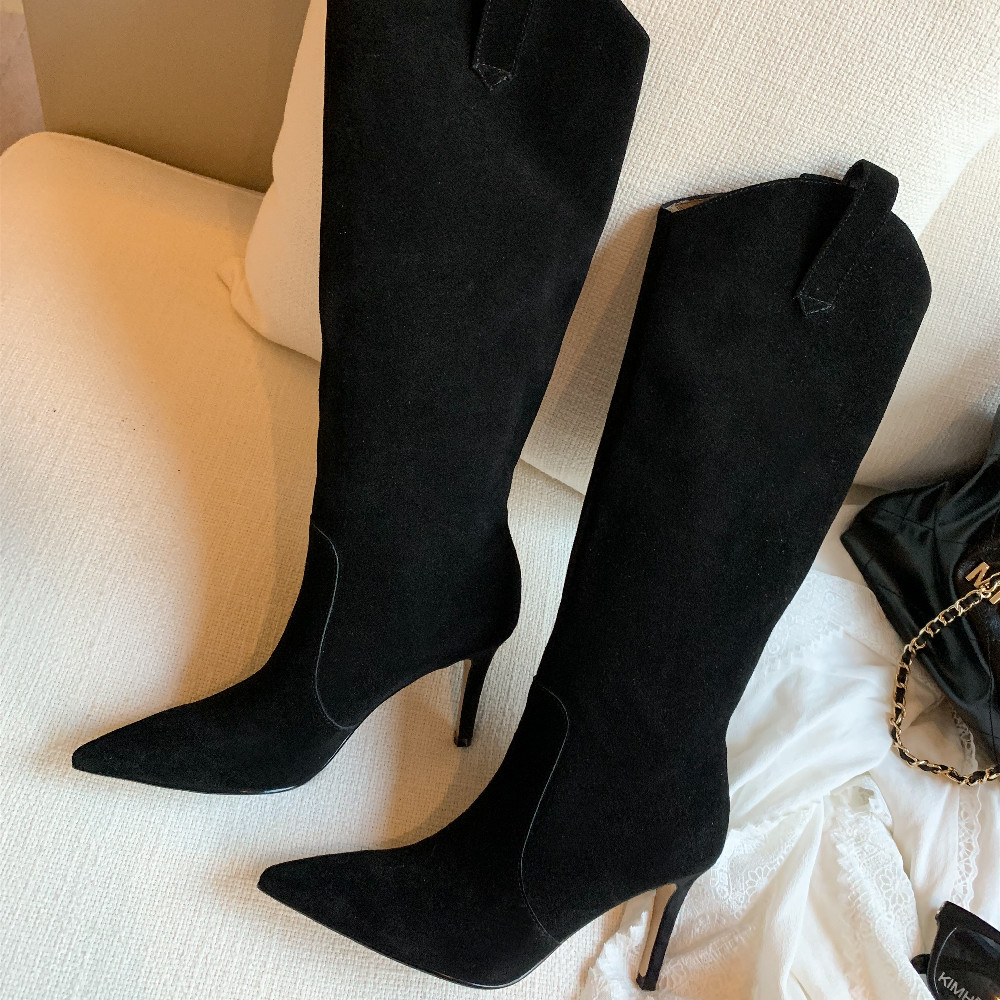 Elegant ladies thin high heel pointed toe slip-on autumn knee high boots natural suede leather female high boots shoes for women