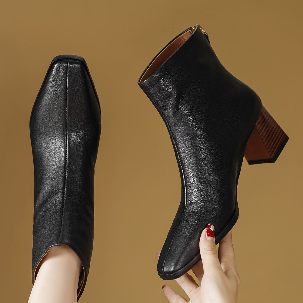 genuine Women's leather autumn ankle boots 6c. thick heel elegant ladies short booties back zip high quality shoes women 33 7192