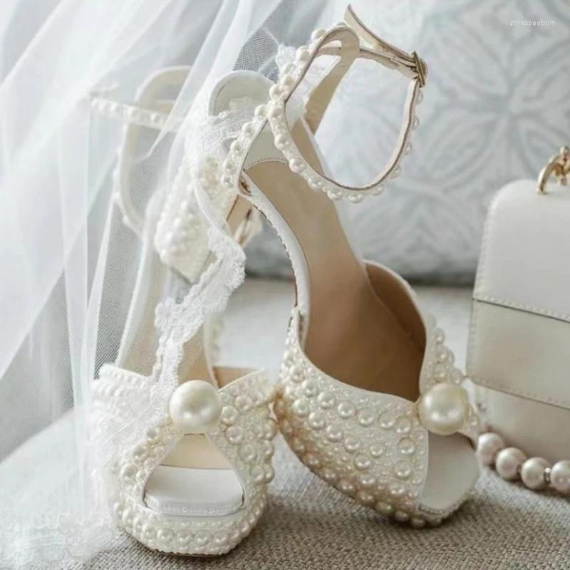 Dress Shoes White Pearl Peep-Toe hot Sandals Ladies High Heels Summer Platform For Women Party Pumps Ankle Buckle Chunky Heel