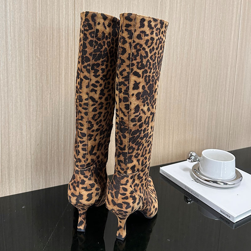 Big Size Footwear Pointed Toe Women Knee High Female Zippers Fashion Designer Leopard print Ladies Long Boots Heels Shoes
