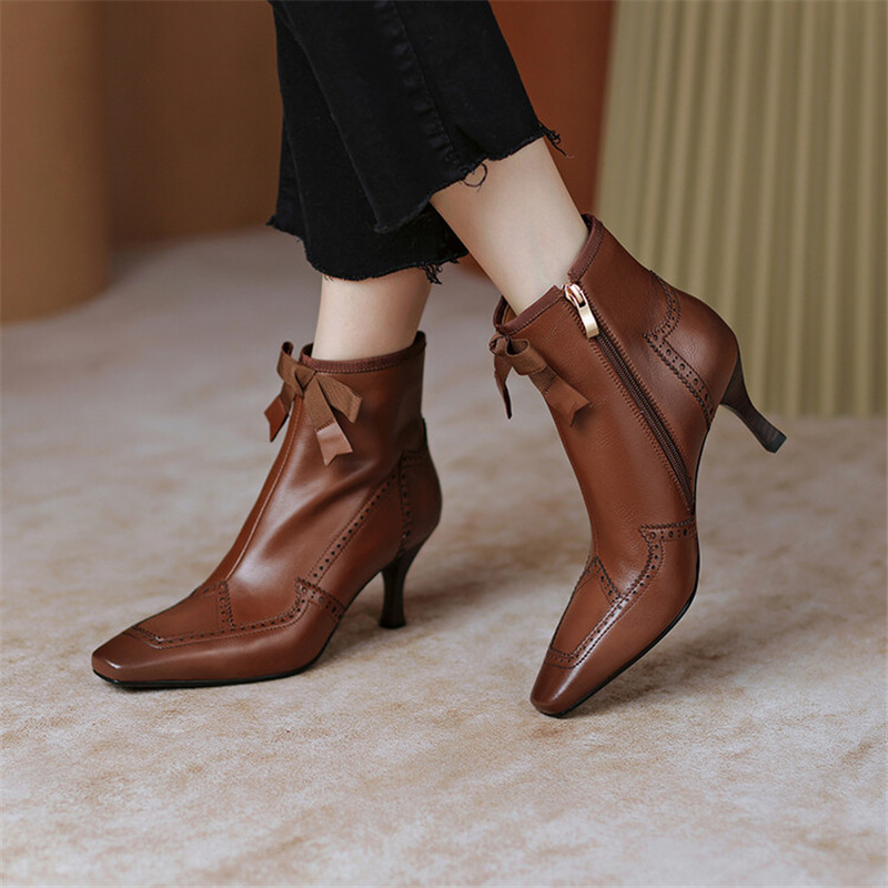 New 2023 Autumn Winter Bullock Women Shoes High Heel Genuine Leather Boots for Women Square Toe Boots Zipper Bow Ankle Boots